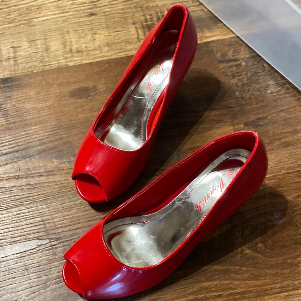 Like New Fourish Open Toe Patent Leather Red Heels